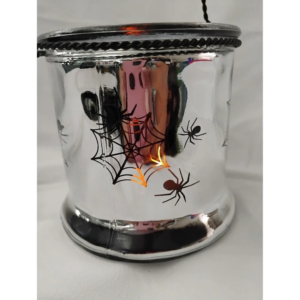 Halloween Spider Web Candle Holder Lantern, Silver Glass Decoration